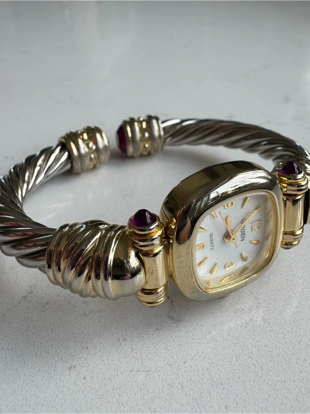 Vtg Gruen Womens Gold Silver Two Tone Watch Bangle Twist Spring Bracelet Quartz